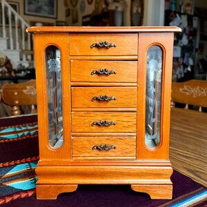 Large Vintage Solid Wood Etched Glass Armoire Style Jewelry Box